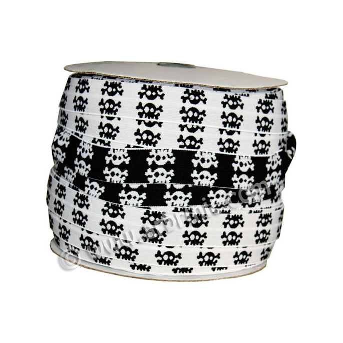 Fold Over Elastic 2.5cm / Black-White Skull (100m roll)