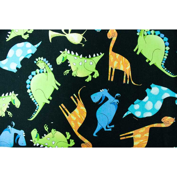 Cotton woven Dinos on black Timeless Treasure (per 10cm)