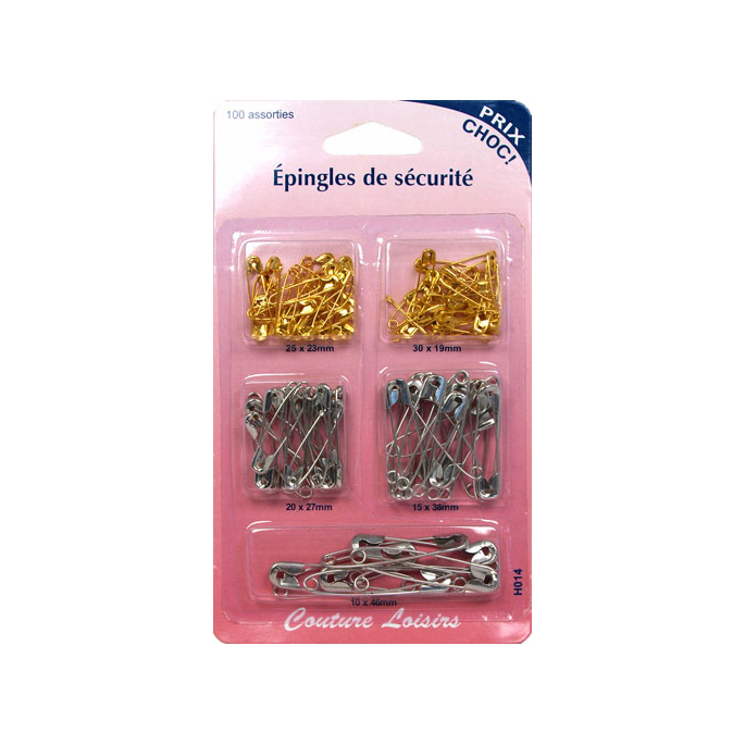 Safety Pins in 5 Assorted sizes and 2 colors (x100)