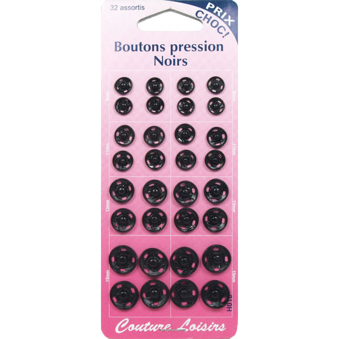 Boutons pression à coudre 9+11+13+15mm ronds laiton noir (x32)