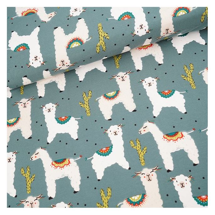 Organic cotton jersey Dusty green Llamas